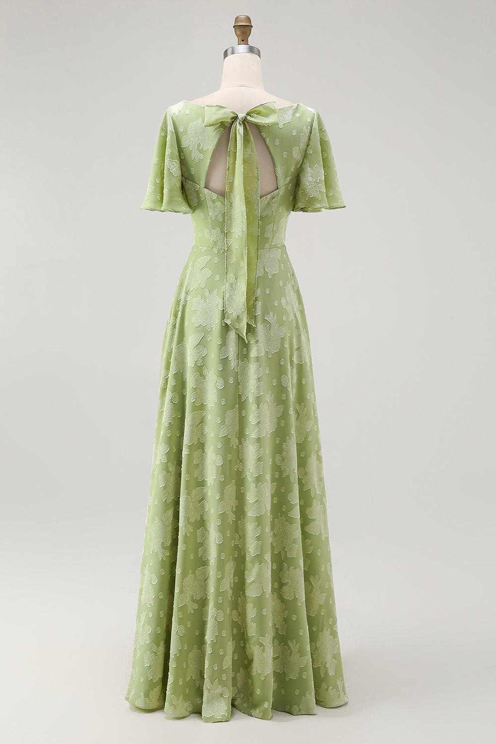 Robe longue de demoiselle d'honneur vert fleuri trapèze décolleté en V à manches courtes