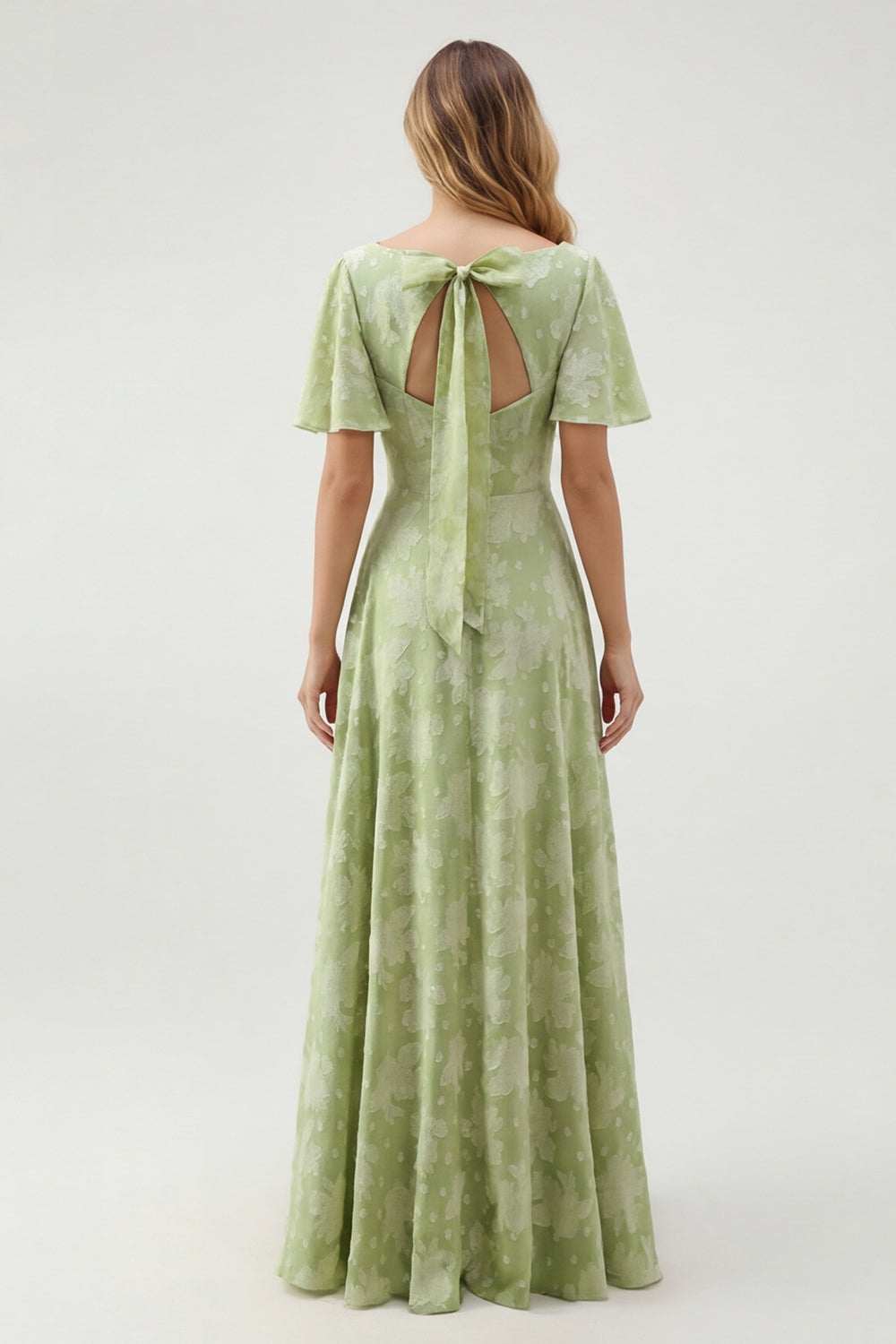 Robe longue de demoiselle d'honneur vert fleuri trapèze décolleté en V à manches courtes
