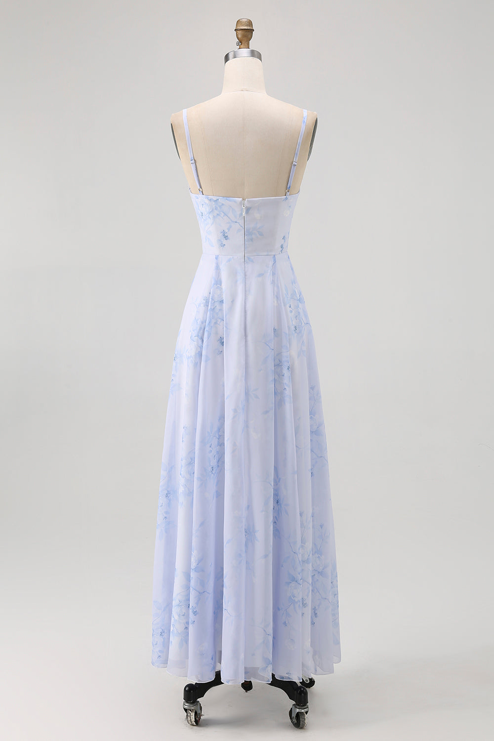 Blue Floral Spaghetti Straps Chiffon A Line Bridesmaid Dress
