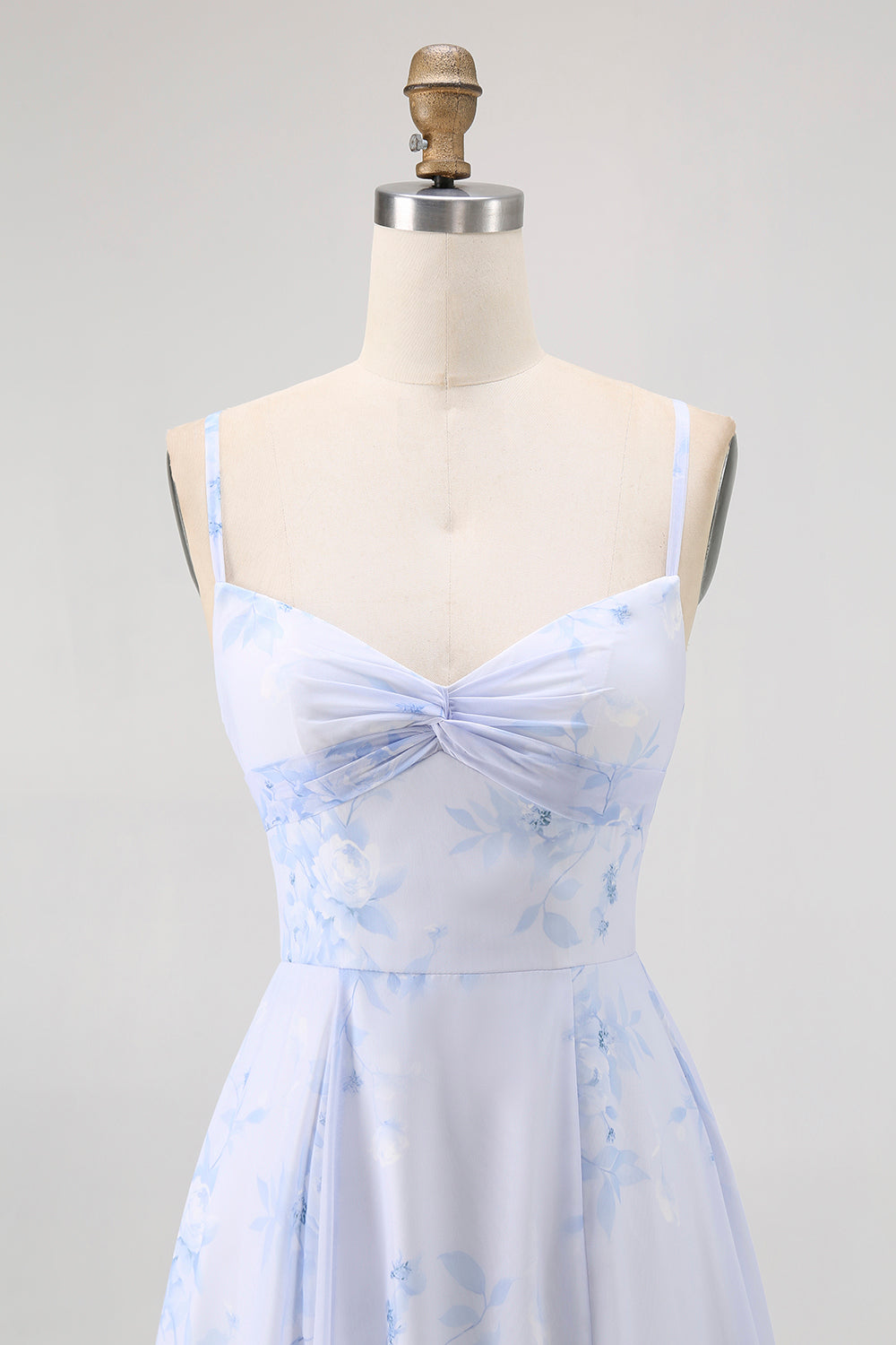 Blue Floral Spaghetti Straps Chiffon A Line Bridesmaid Dress