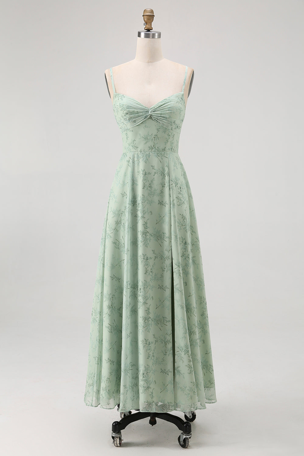 Blue Floral Spaghetti Straps Chiffon A Line Bridesmaid Dress