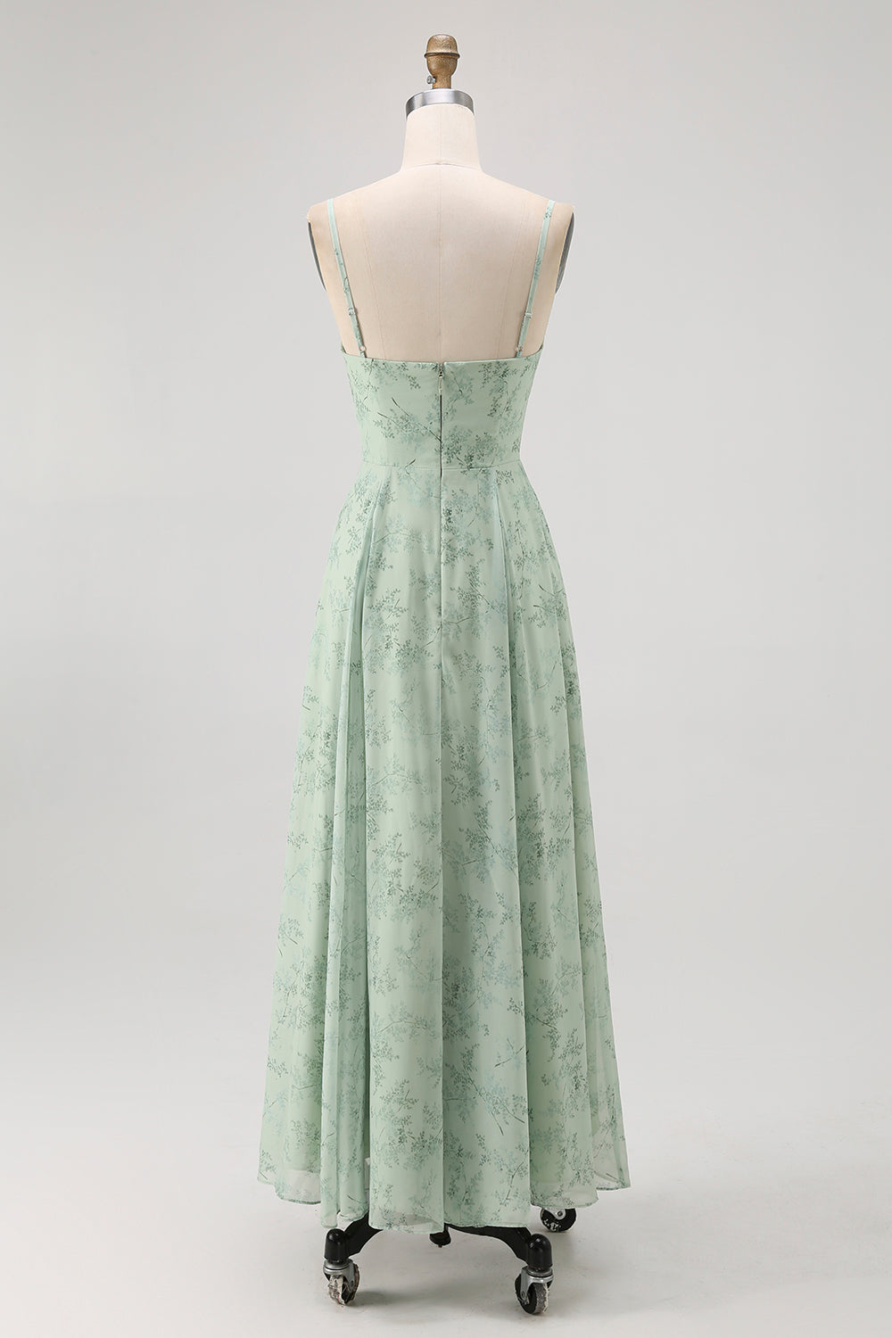Blue Floral Spaghetti Straps Chiffon A Line Bridesmaid Dress