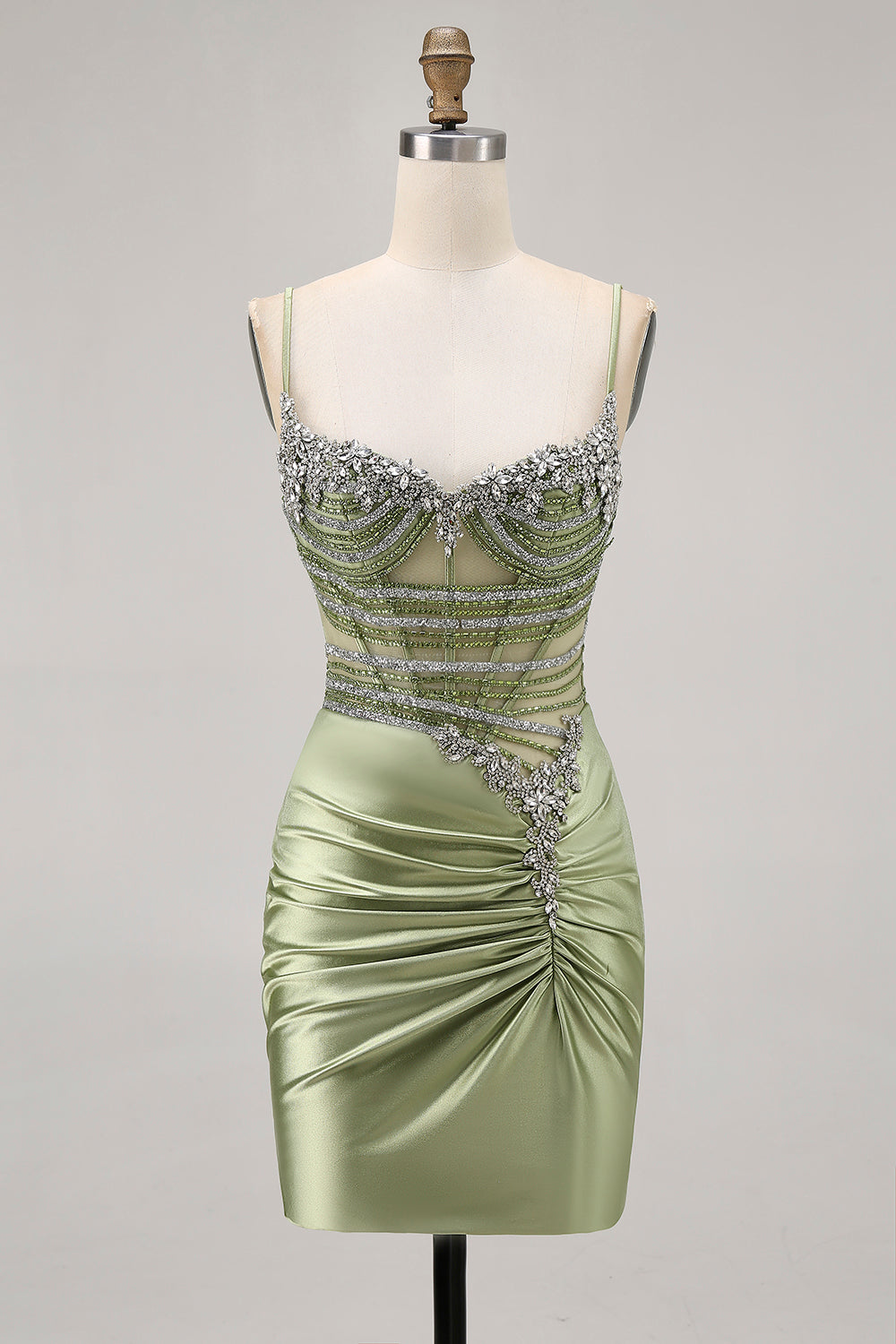 Sage Green Beaded Corset Tight Ruched Short Cocktail Dress with Rhinestones