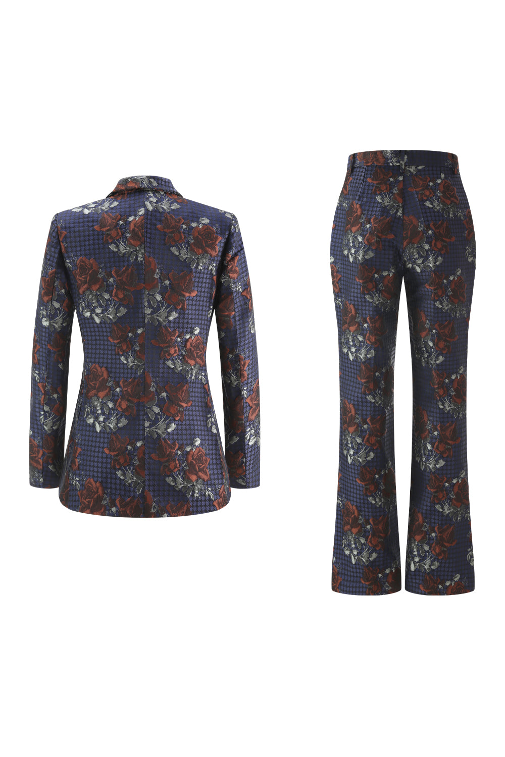 Tailleur Femme Floral Bleu et Rouge à Bouton Unique et Revers Crantés