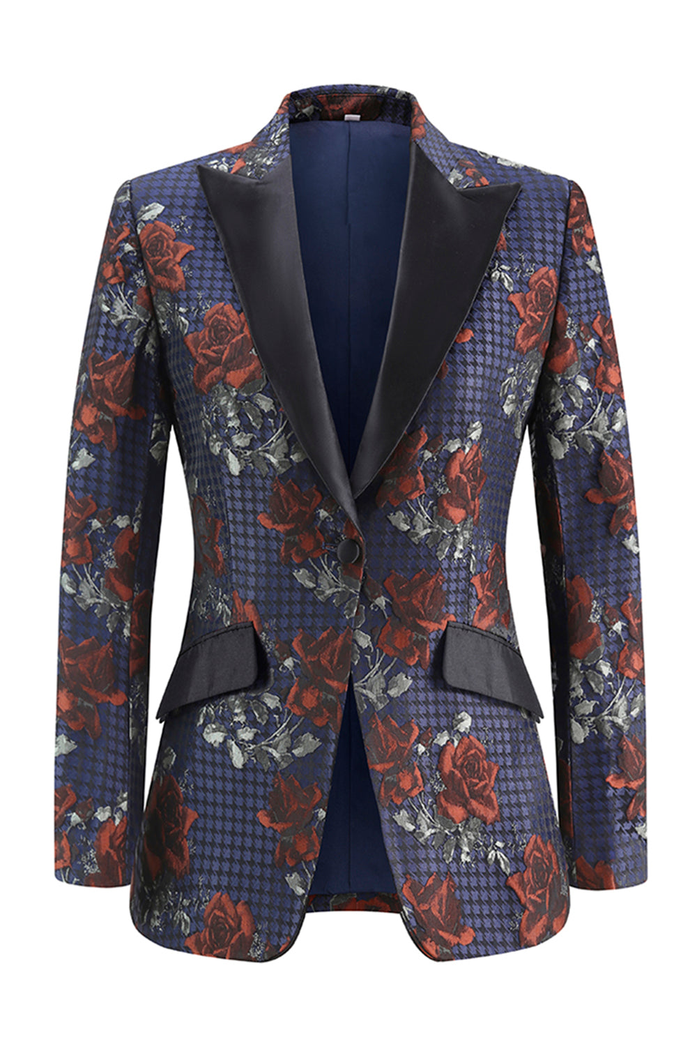Tailleur Femme Floral Bleu et Rouge à Bouton Unique et Revers Crantés