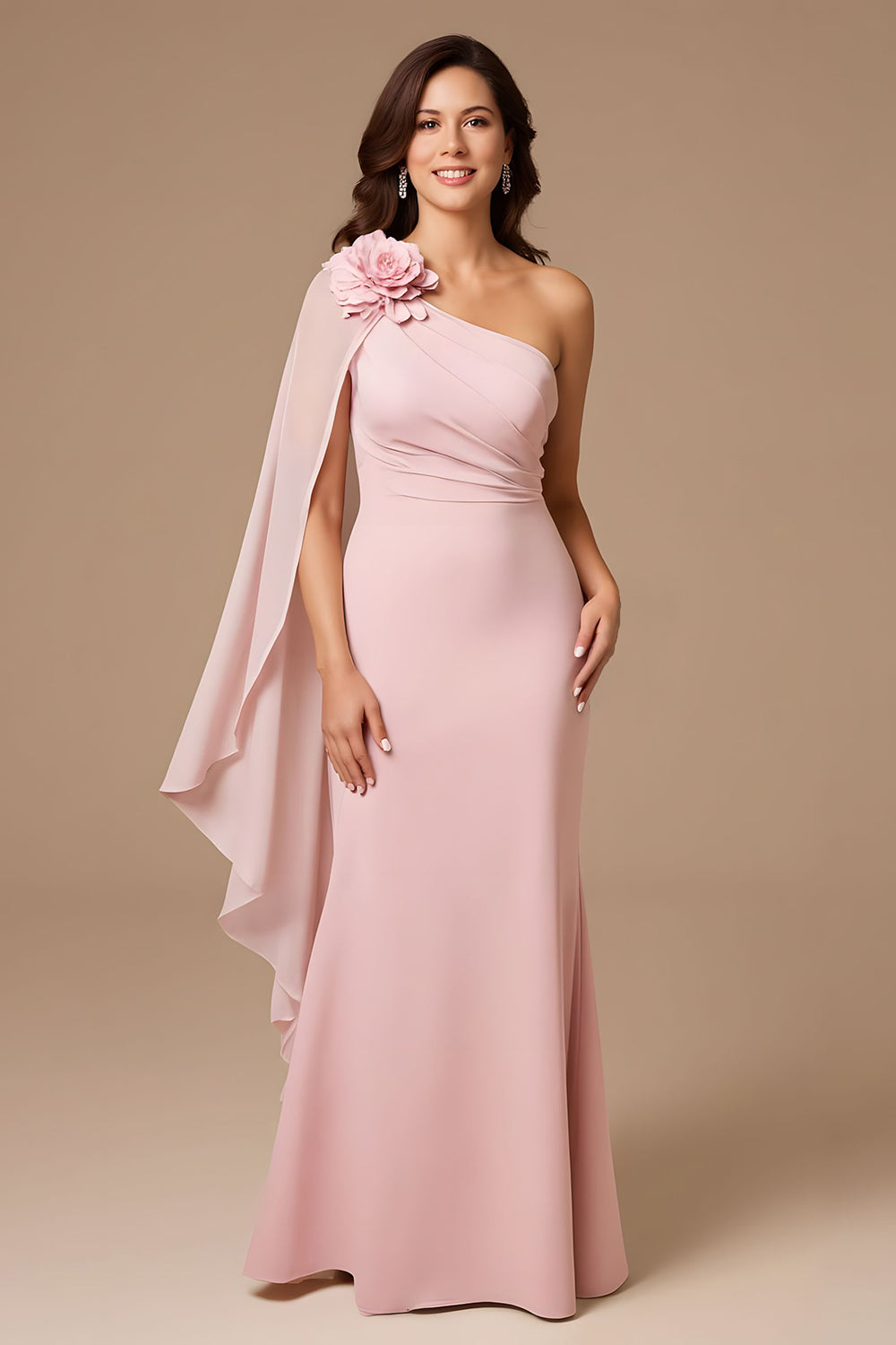 Candy Pink One Shoulder Chiffon Wedding Guest Dress with Streamer