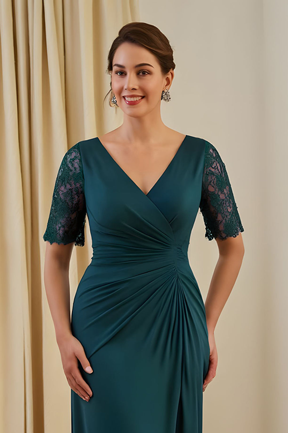 Pine Sheath V-Neck Ruched Midi Wedding Guest Dress with Lace