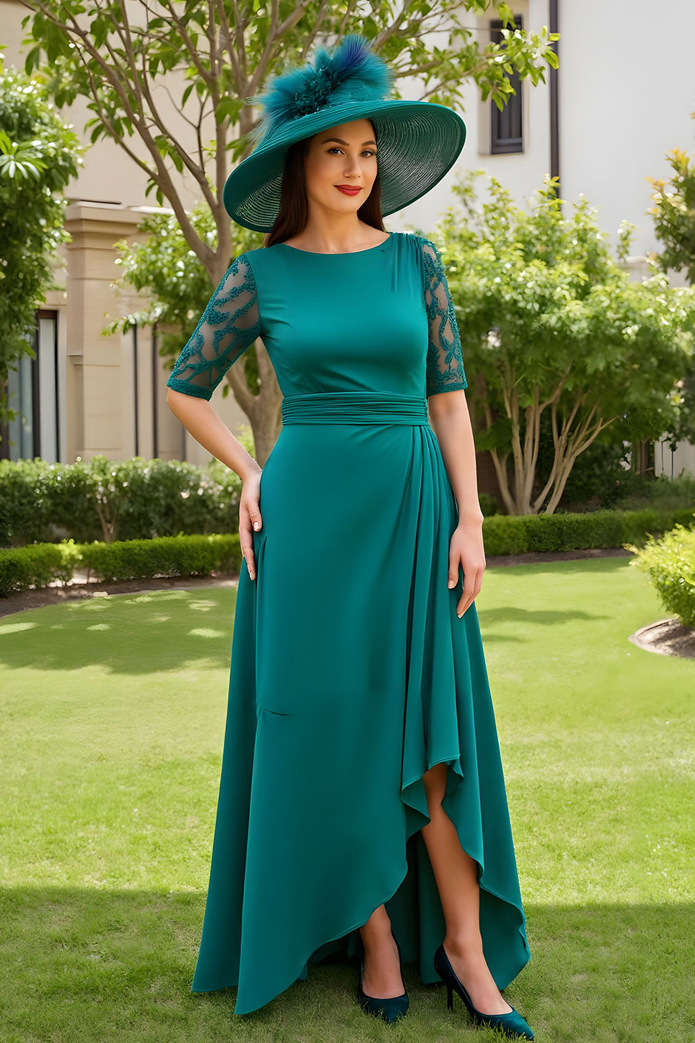 Pine A Line Chiffon Bateau Neck Half Sleeve Wedding Guest Dress