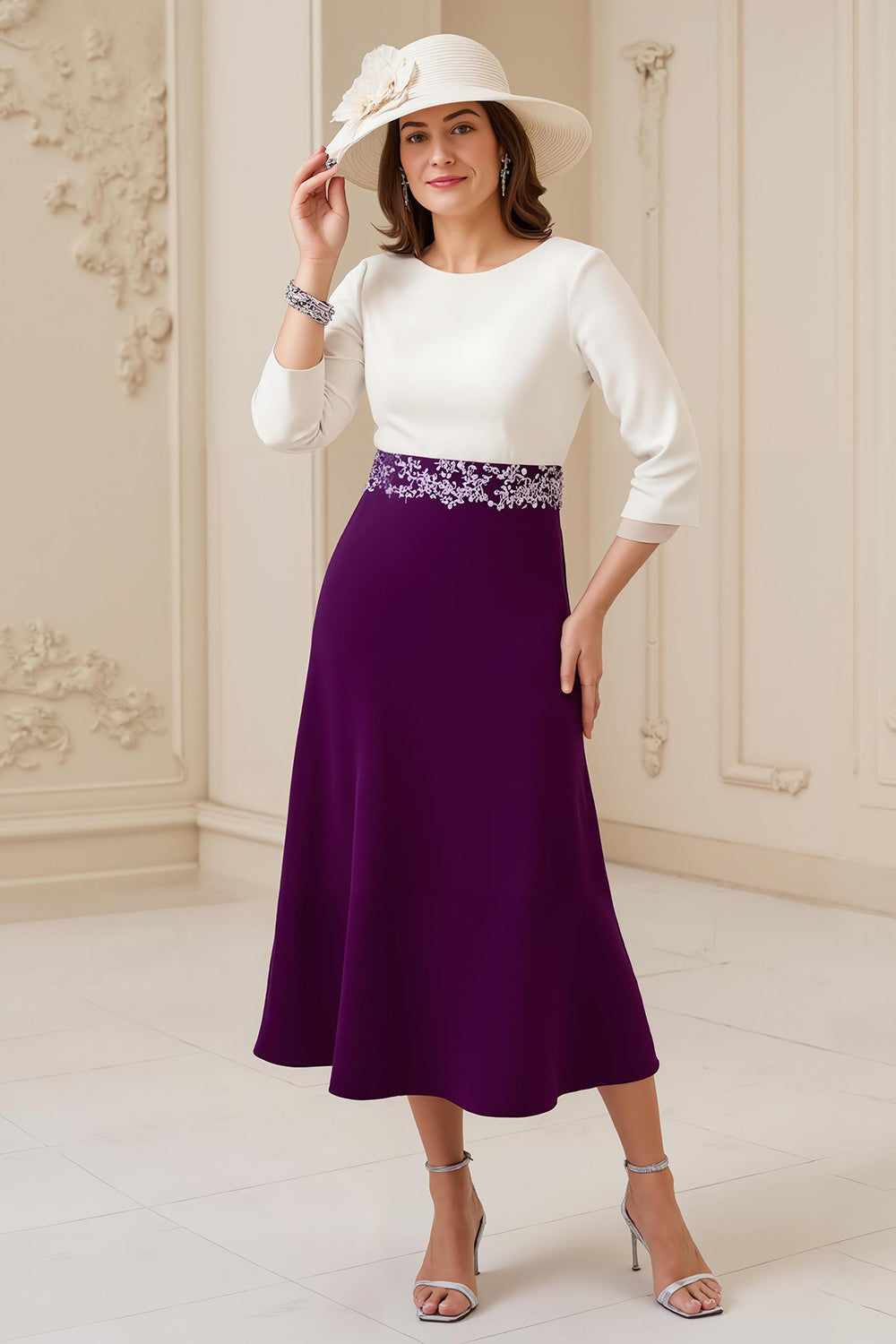 Navy A-Line Bateau Neck 3/4 Sleeve Midi Wedding Guest Dress with Appliques