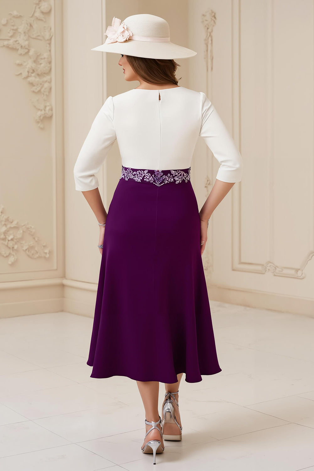 Navy A-Line Bateau Neck 3/4 Sleeve Midi Wedding Guest Dress with Appliques