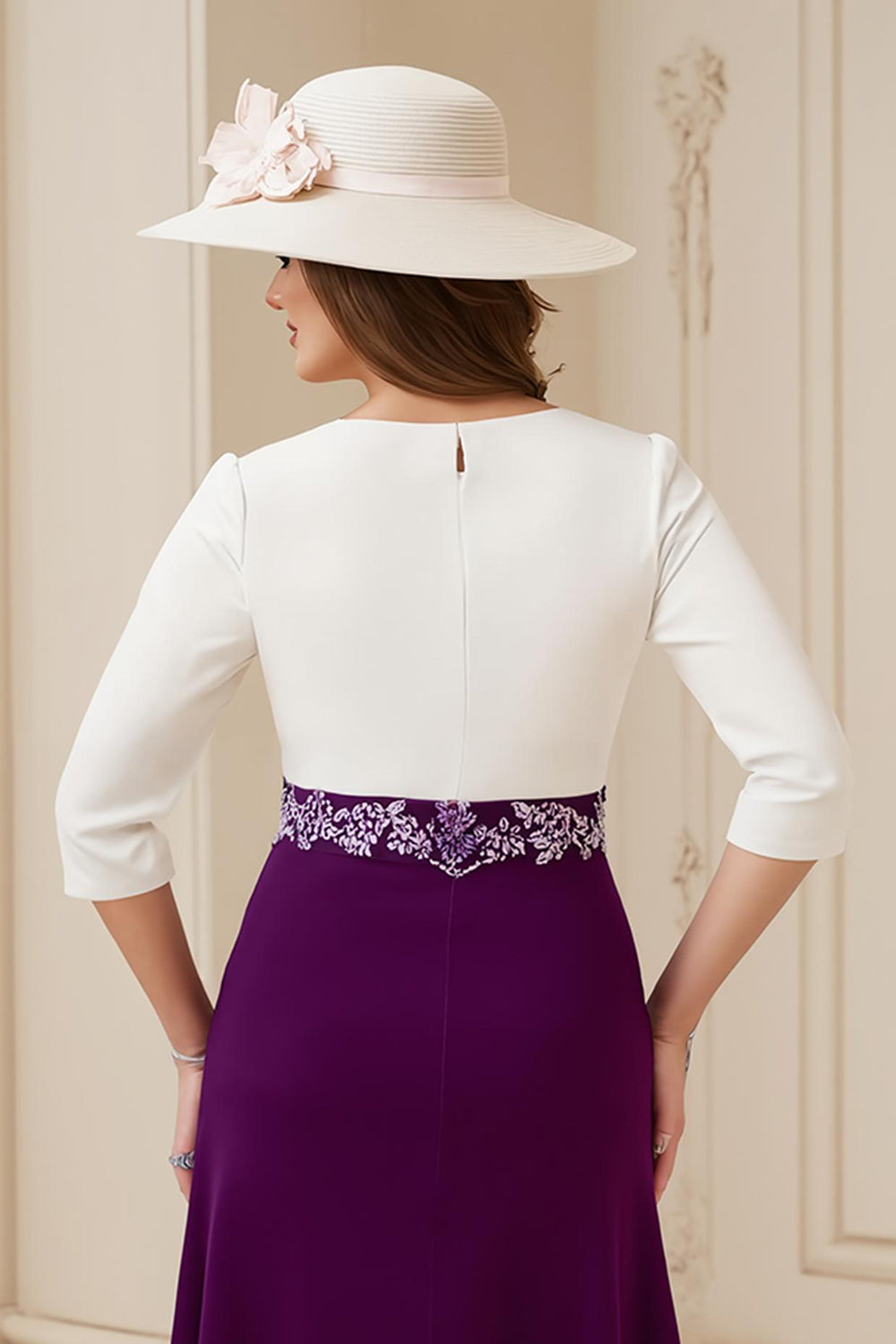 Navy A-Line Bateau Neck 3/4 Sleeve Midi Wedding Guest Dress with Appliques
