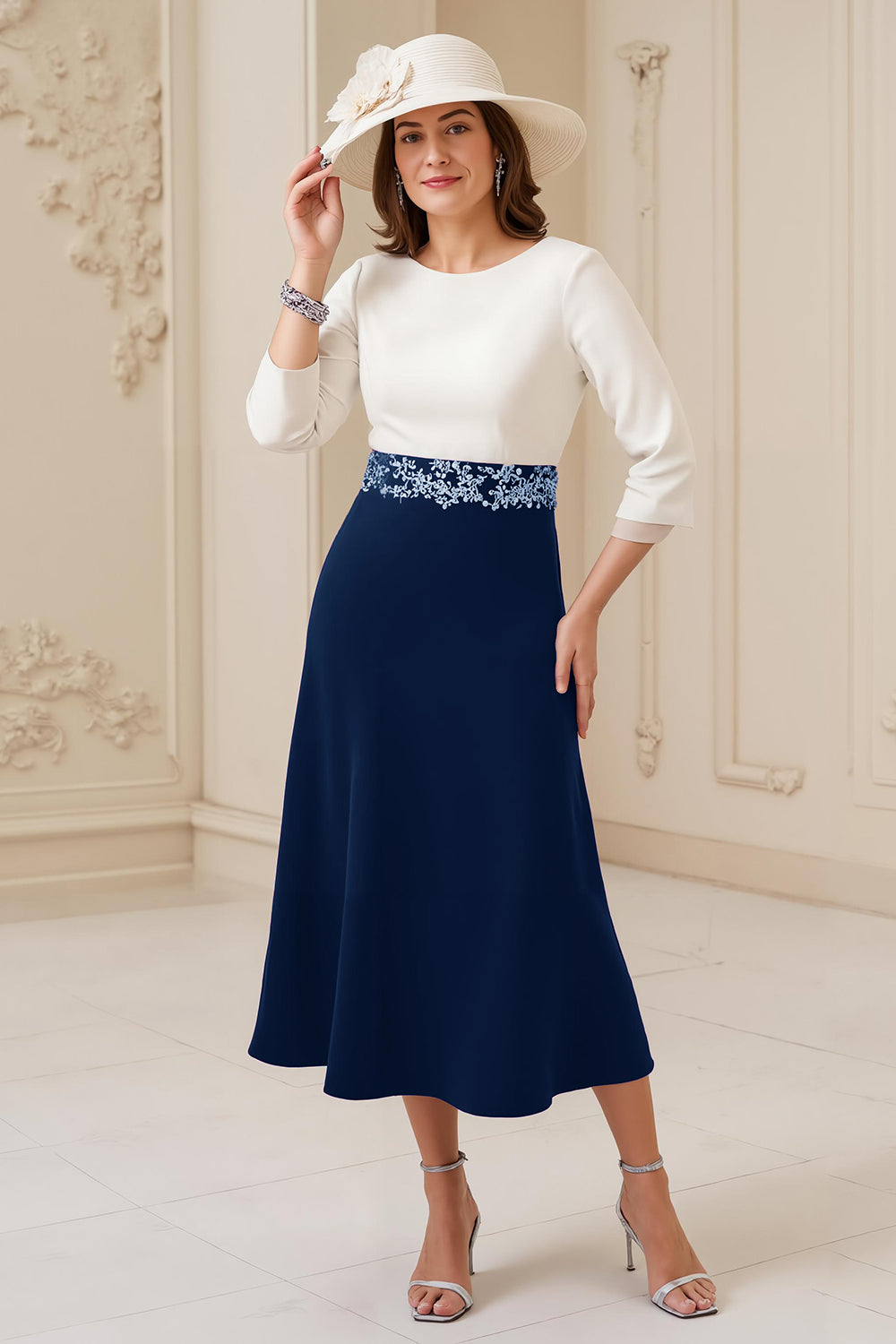 Navy A-Line Bateau Neck 3/4 Sleeve Midi Wedding Guest Dress with Appliques