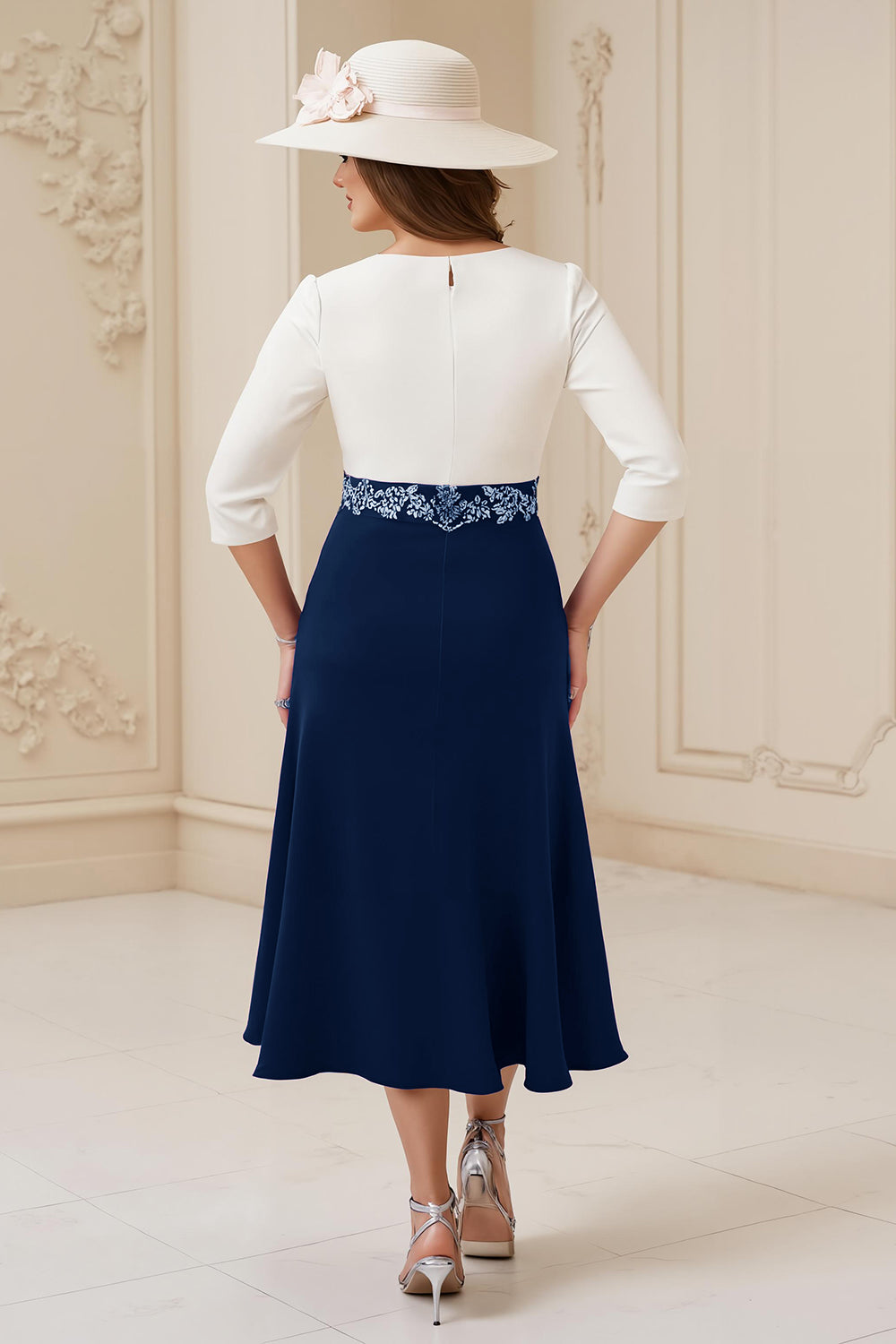 Navy A-Line Bateau Neck 3/4 Sleeve Midi Wedding Guest Dress with Appliques
