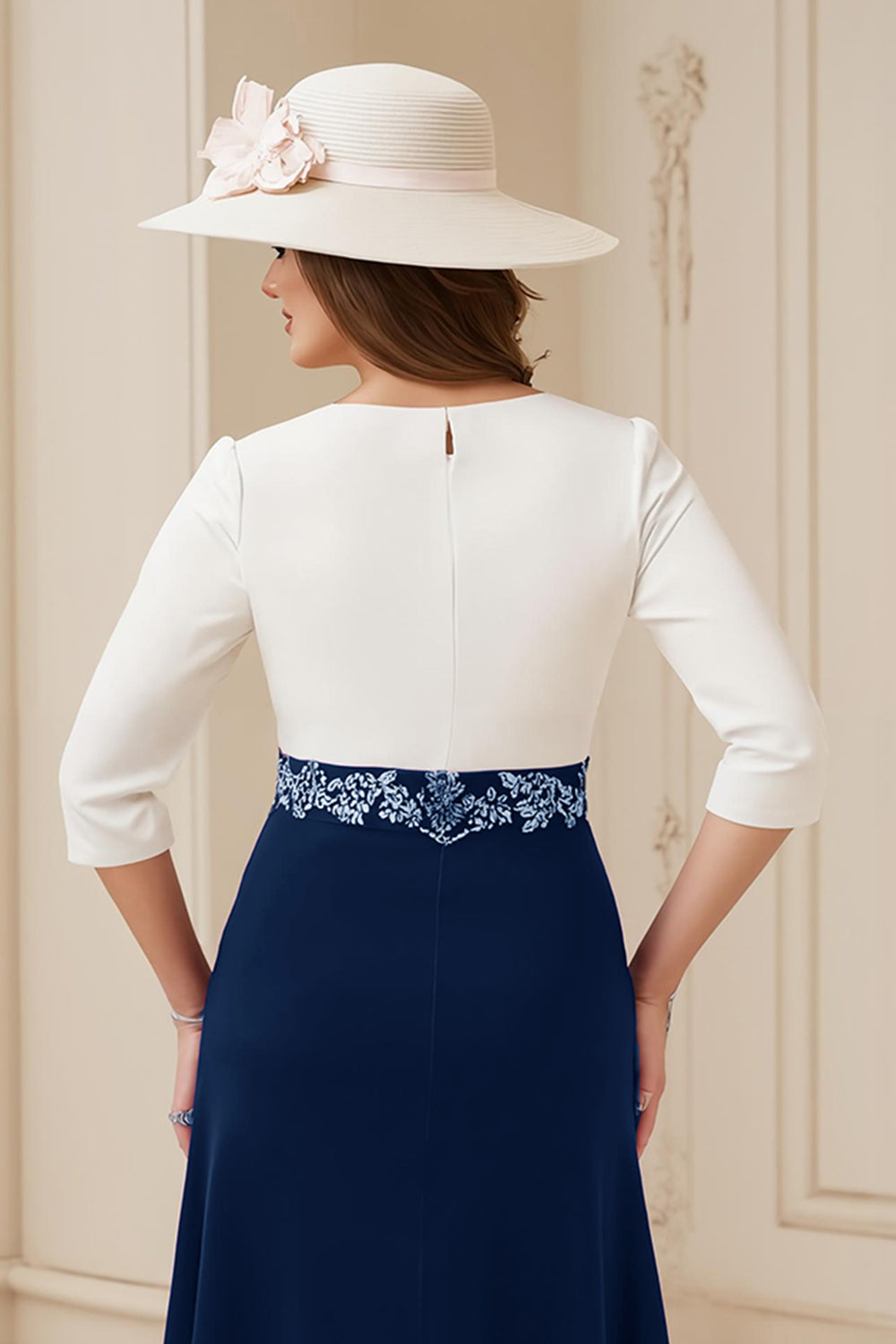 Navy A-Line Bateau Neck 3/4 Sleeve Midi Wedding Guest Dress with Appliques