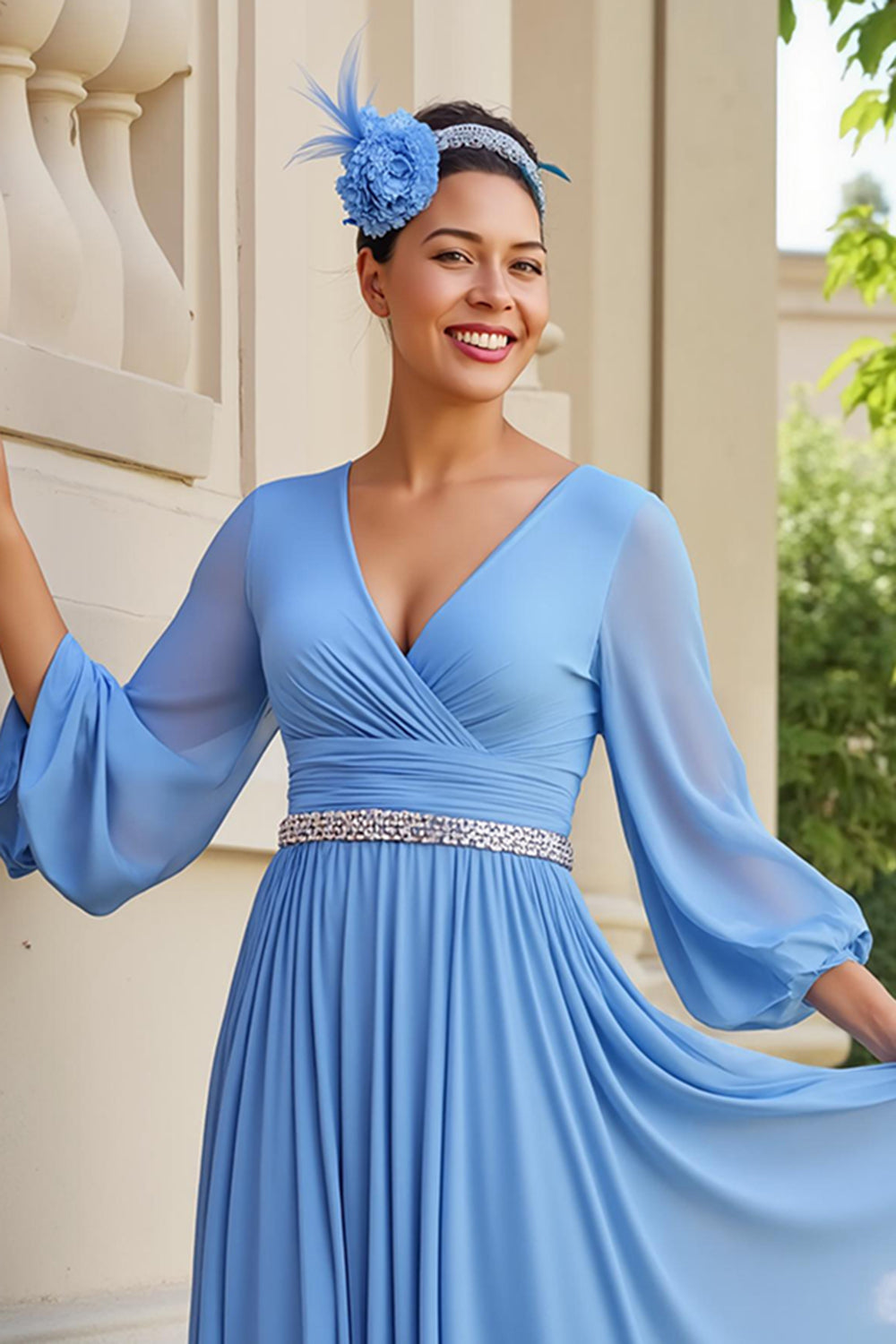 Light Blue A Line Chiffon Long Sleeve Wedding Guest Drses