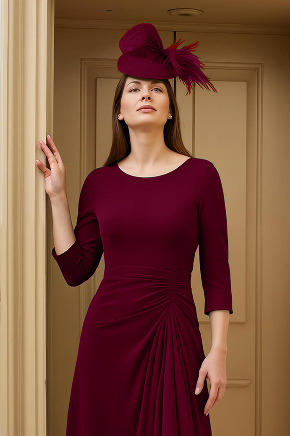 Robe de mariée bordeaux évasée à col bateau asymétrique