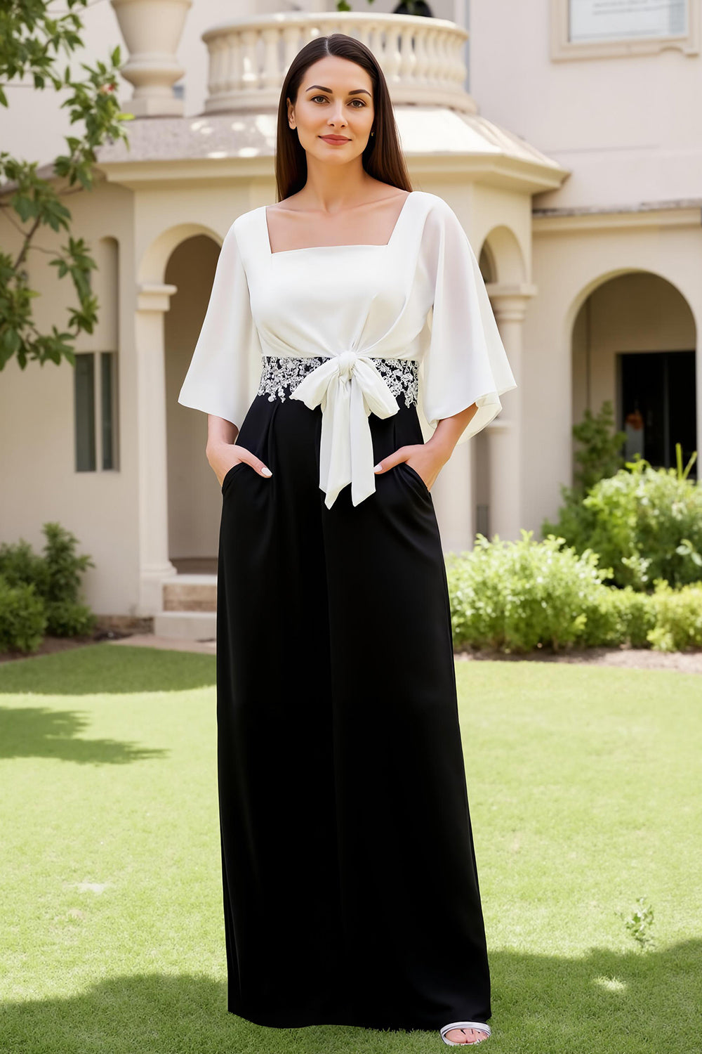 Black Square Neck A-Line Chiffon Wedding Guest Dress