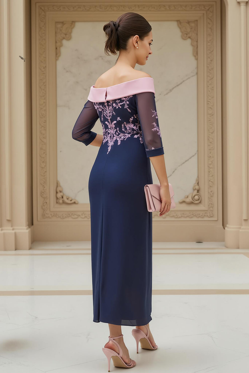 Off-the-Shoulder Chiffon Sheath Navy Wedding Guest Dress
