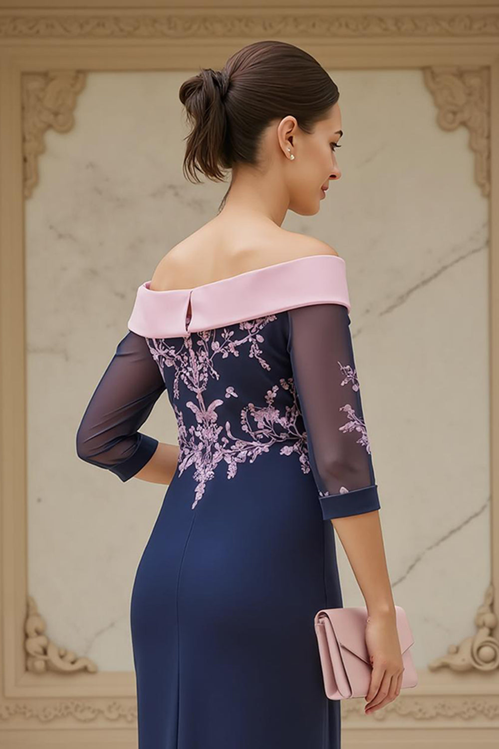 Off-the-Shoulder Chiffon Sheath Navy Wedding Guest Dress