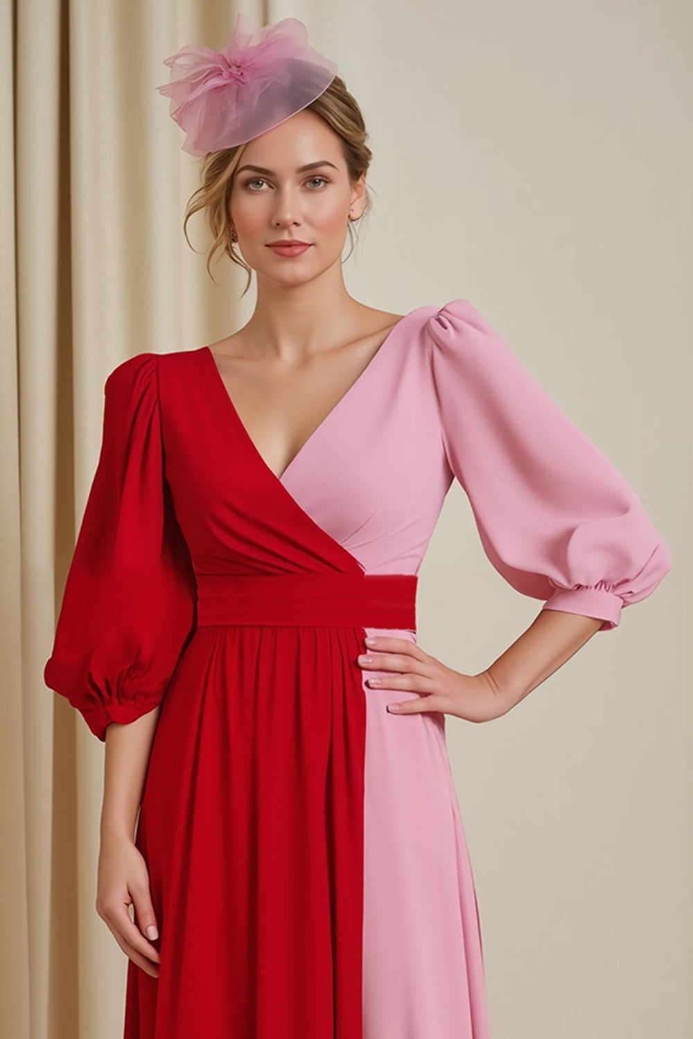 Red V Neck Chiffon A Line Wedding Guest Dress