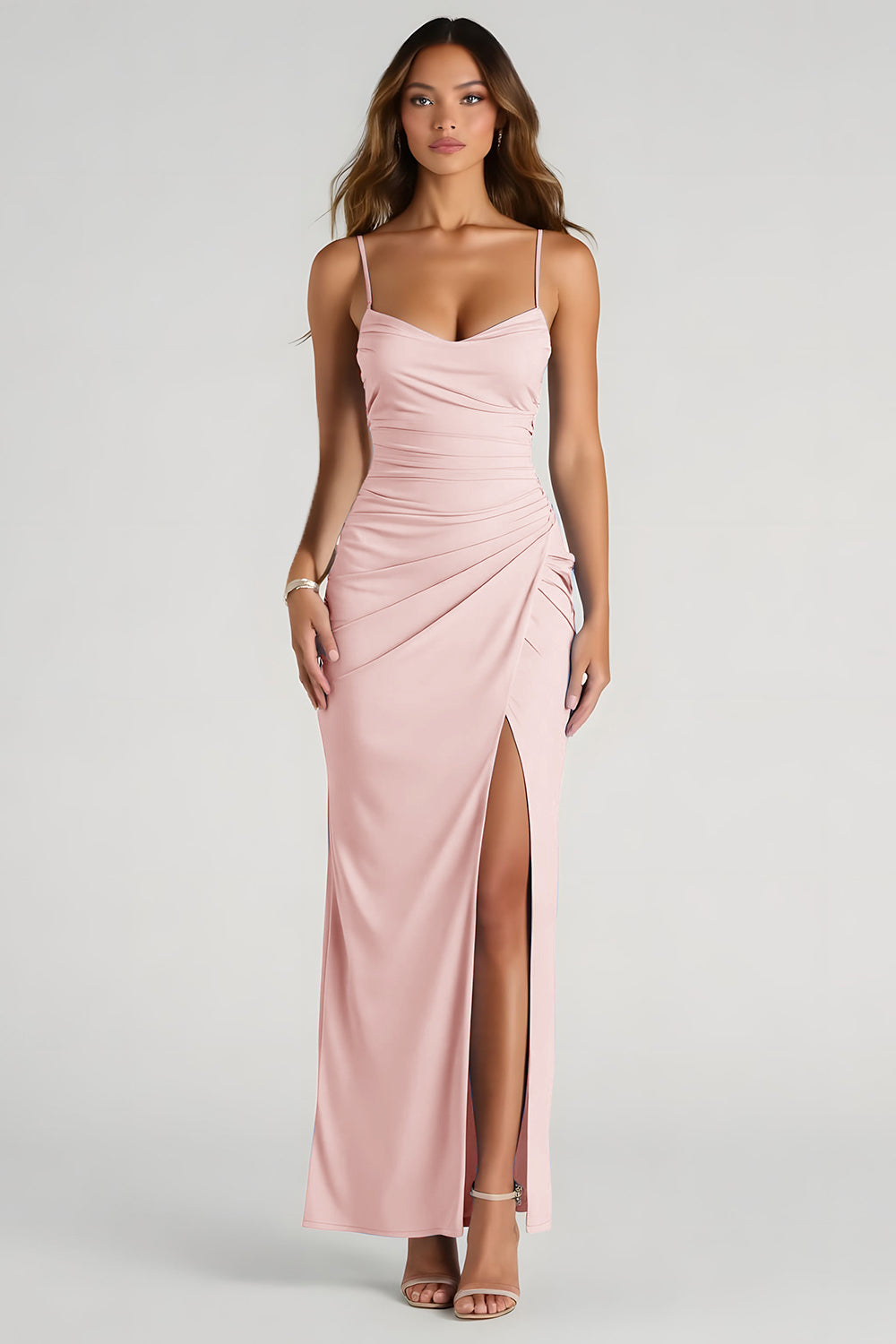 Light Blue Spaghetti Straps Sheath Ruched Long Bridesmaid Dress
