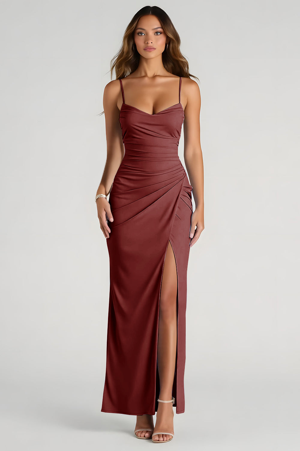 Light Blue Spaghetti Straps Sheath Ruched Long Bridesmaid Dress