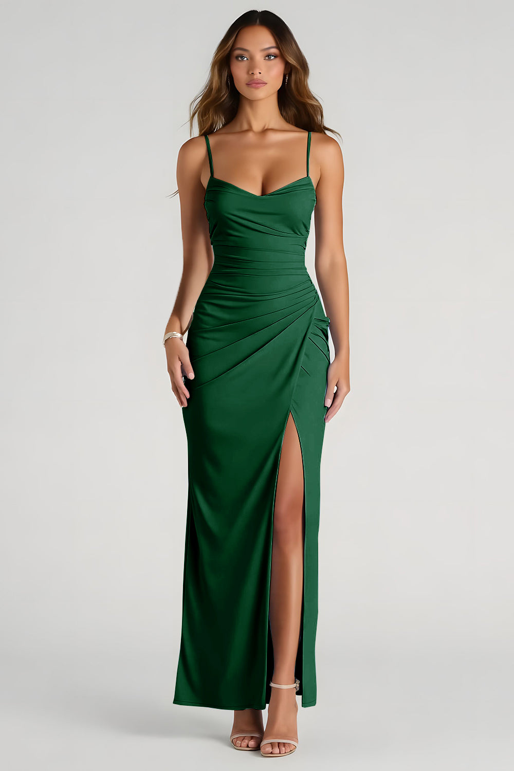 Light Blue Spaghetti Straps Sheath Ruched Long Bridesmaid Dress