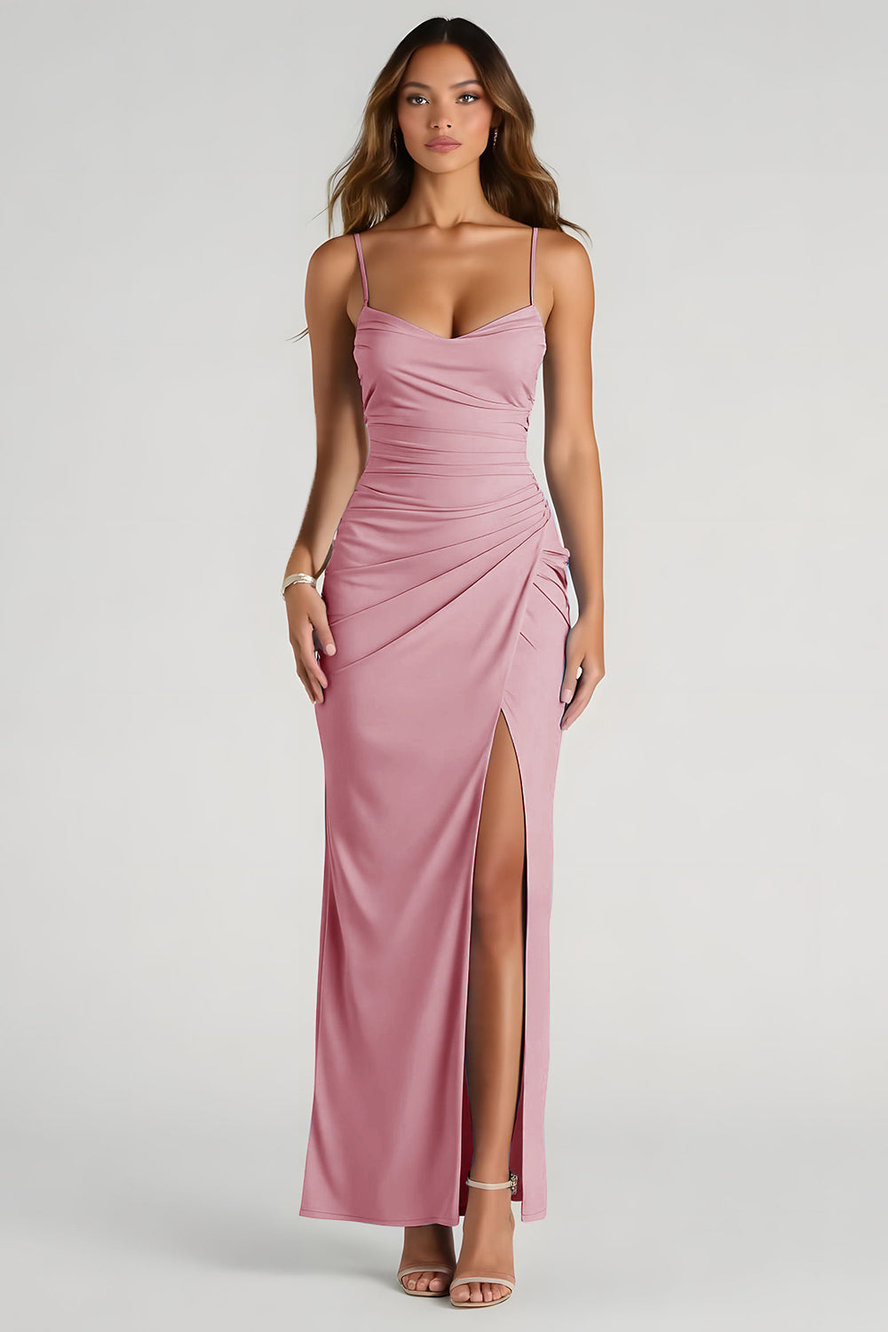 Light Blue Spaghetti Straps Sheath Ruched Long Bridesmaid Dress