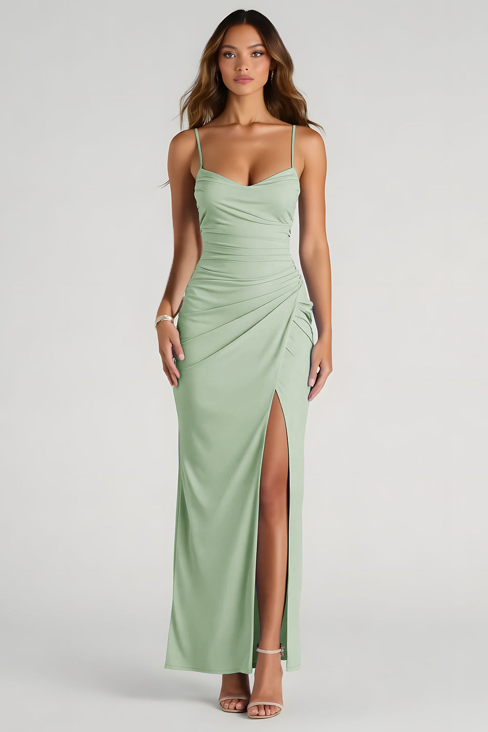 Light Blue Spaghetti Straps Sheath Ruched Long Bridesmaid Dress