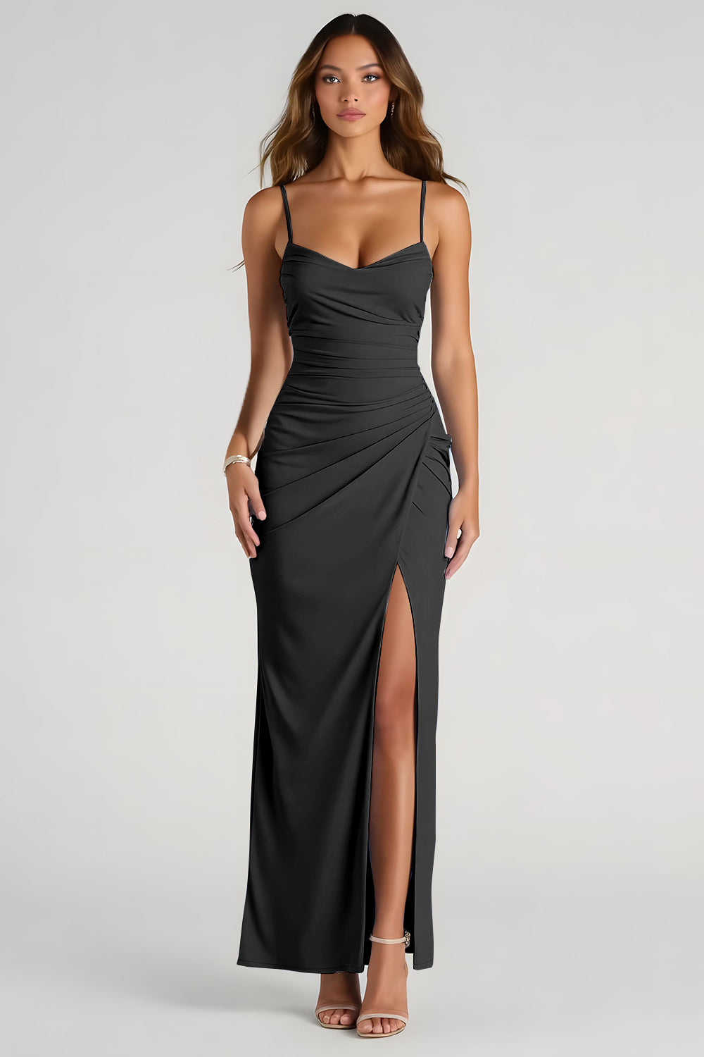Light Blue Spaghetti Straps Sheath Ruched Long Bridesmaid Dress