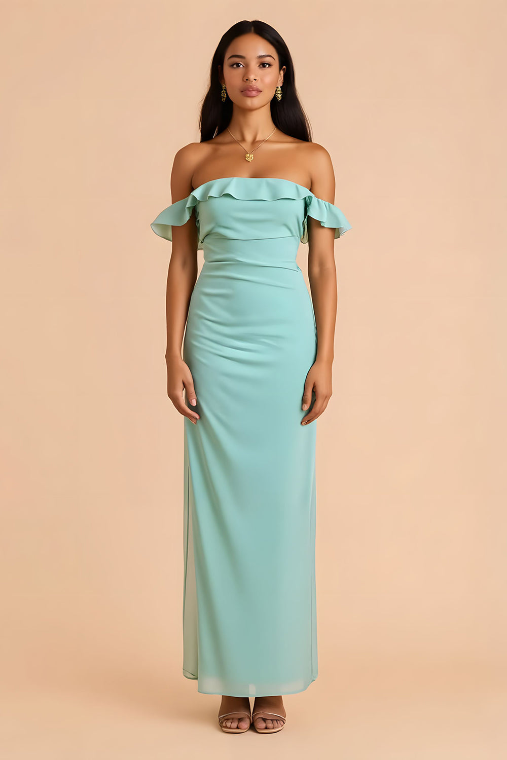 Mint Green Off the Shoulder Sheath Long Bridesmaid Dress