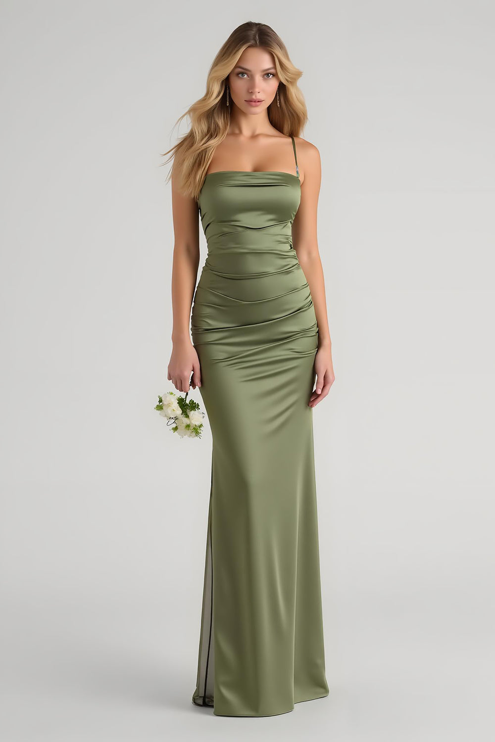 Olive Satin Ruched Spaghetti Straps Long Sheath Bridesmaid Dress
