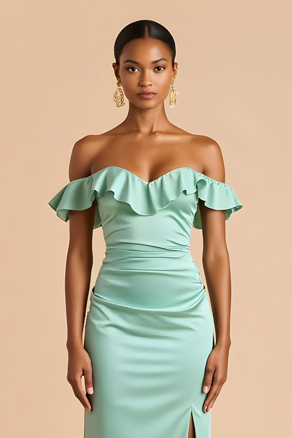 Robe longue de demoiselle d'honneur vert menthe en satin fourreau épaules dénudées