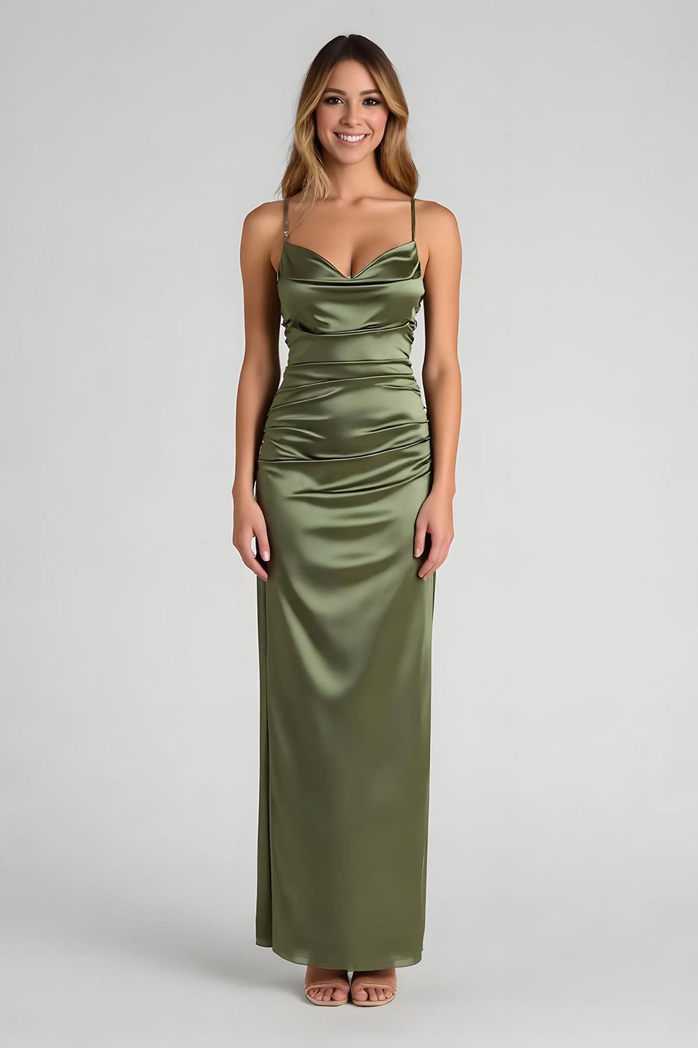 Olive Spaghetti Straps Satin Ruched Sheath Long Bridesmaid Dress