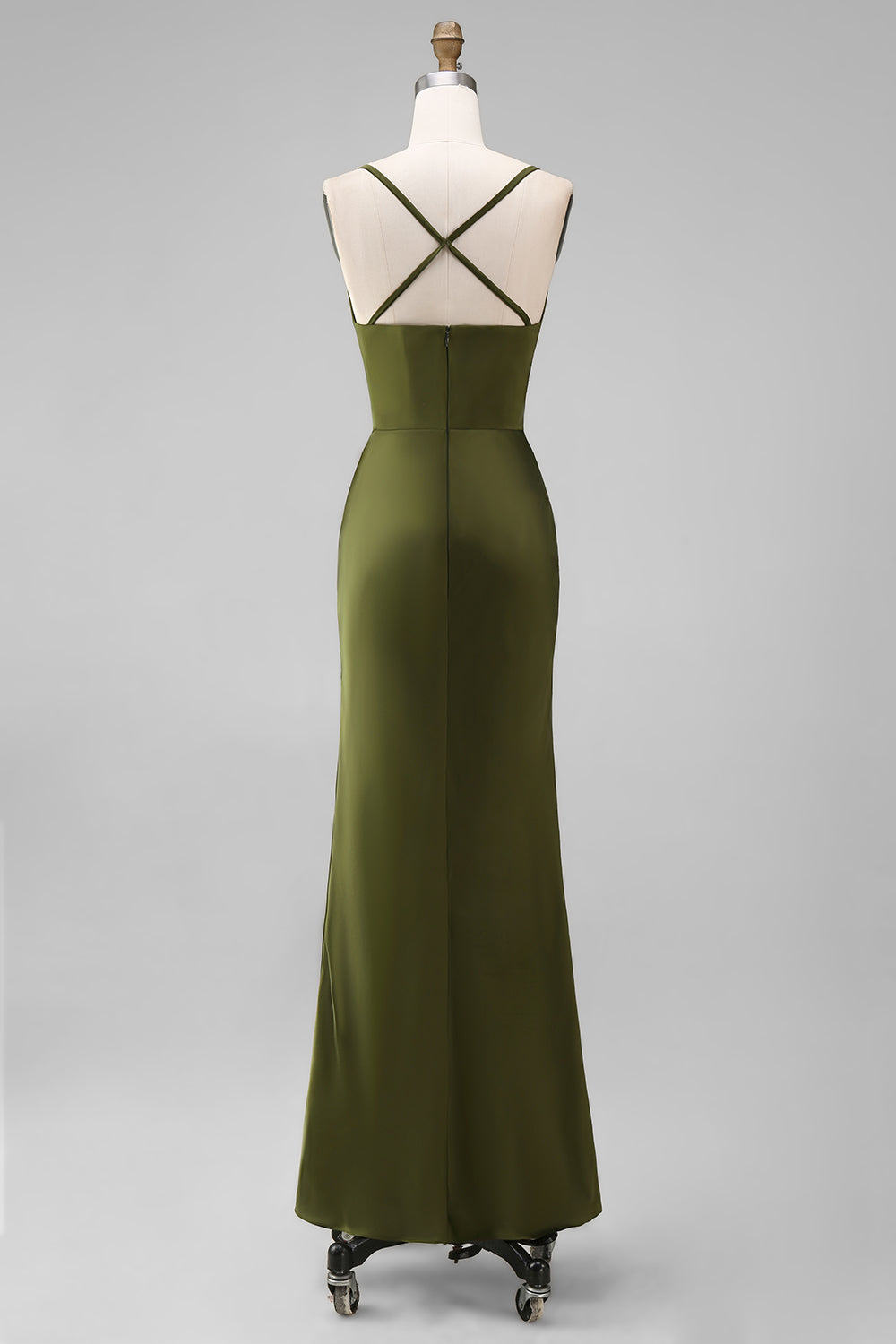 Olive Spaghetti Straps Satin Ruched Sheath Long Bridesmaid Dress