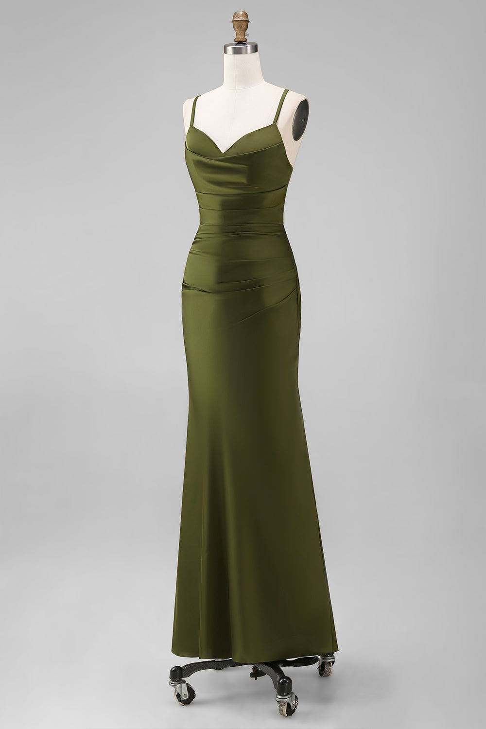 Olive Spaghetti Straps Satin Ruched Sheath Long Bridesmaid Dress