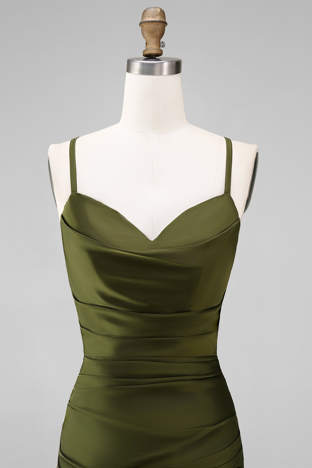 Olive Spaghetti Straps Satin Ruched Sheath Long Bridesmaid Dress