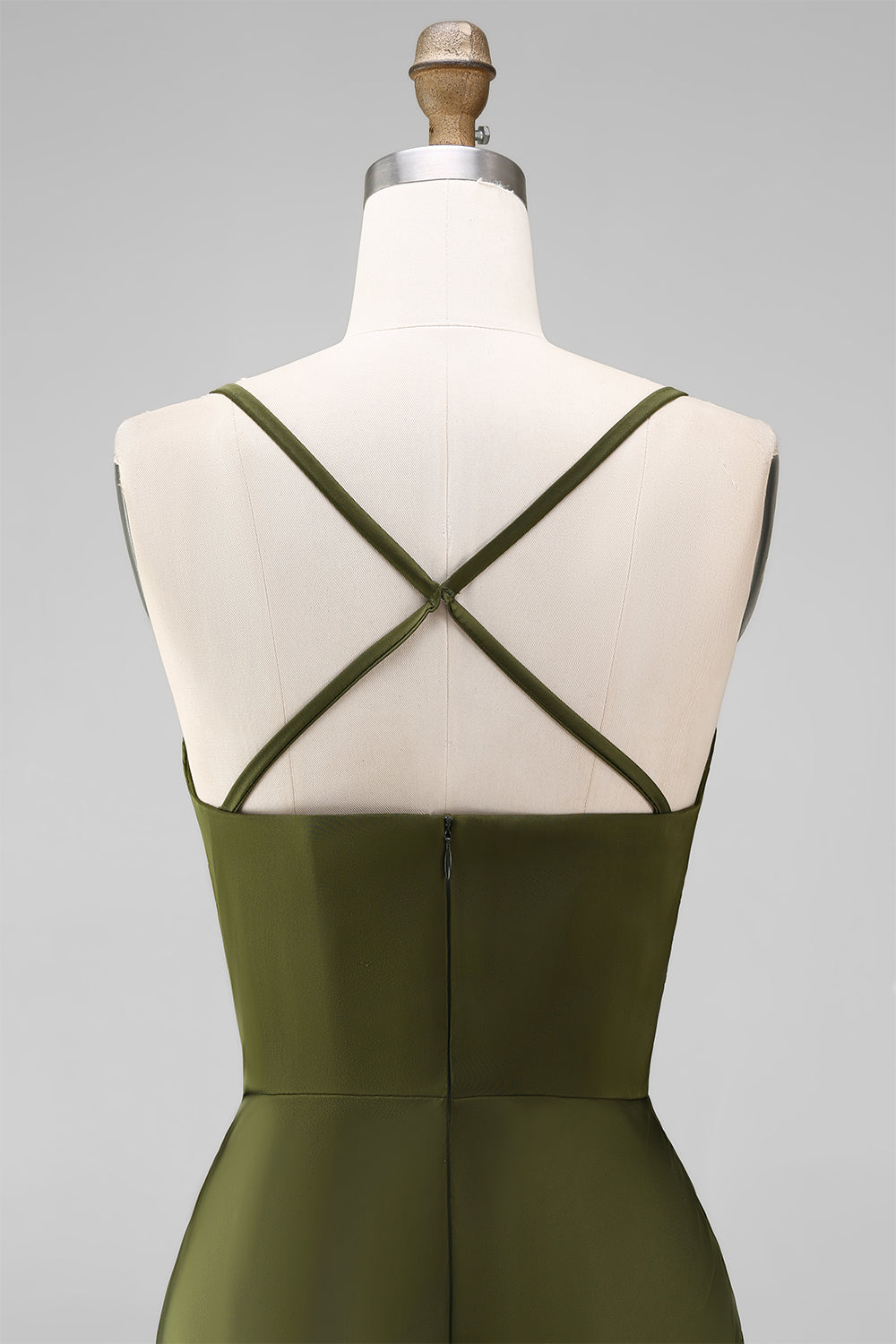 Olive Spaghetti Straps Satin Ruched Sheath Long Bridesmaid Dress