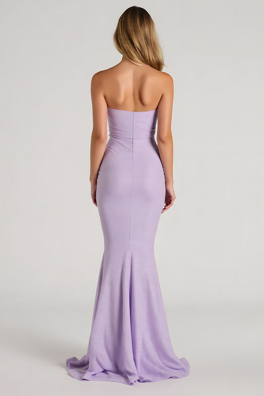 Vestido largo de dama de honor sirena sin tirantes lila