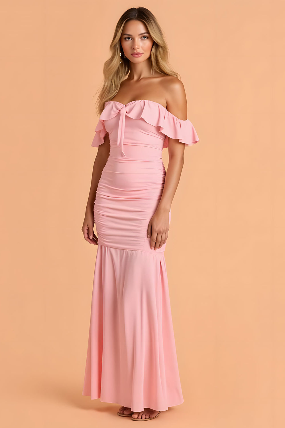 Robe longue de demoiselle d'honneur à épaules dénudées, froncée et à volants, couleur sirène rougissante