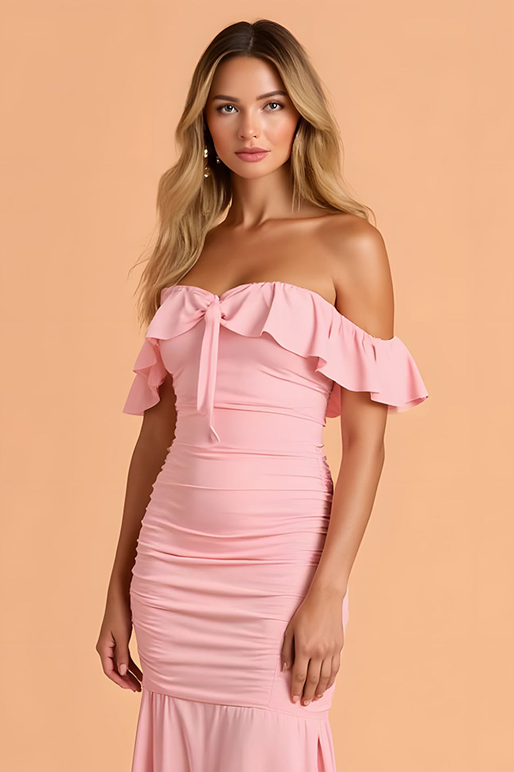 Robe longue de demoiselle d'honneur à épaules dénudées, froncée et à volants, couleur sirène rougissante