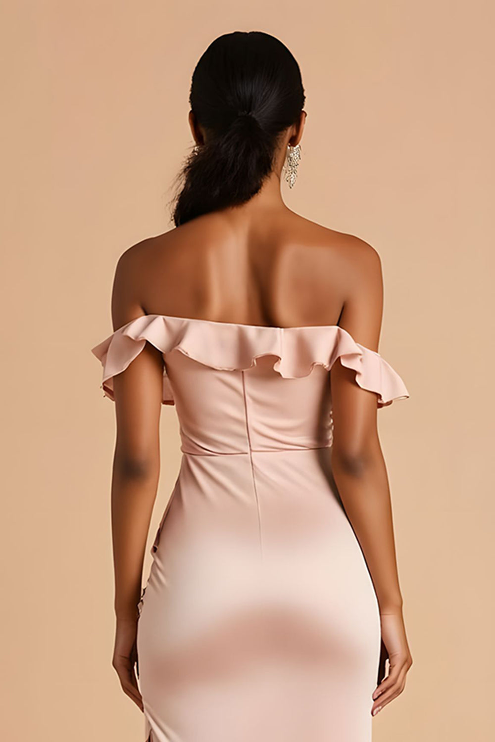 Candy Pink Sheath Ruffled Off the Shoulder Maxi Bridesmaid Dress with Slit