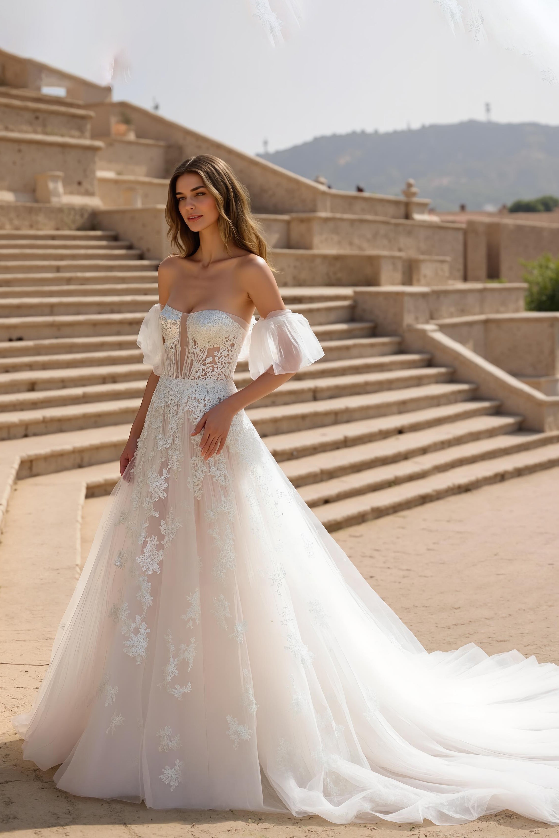 Off The Shoulder Ivory Appliqued Sweep Train Wedding Dress