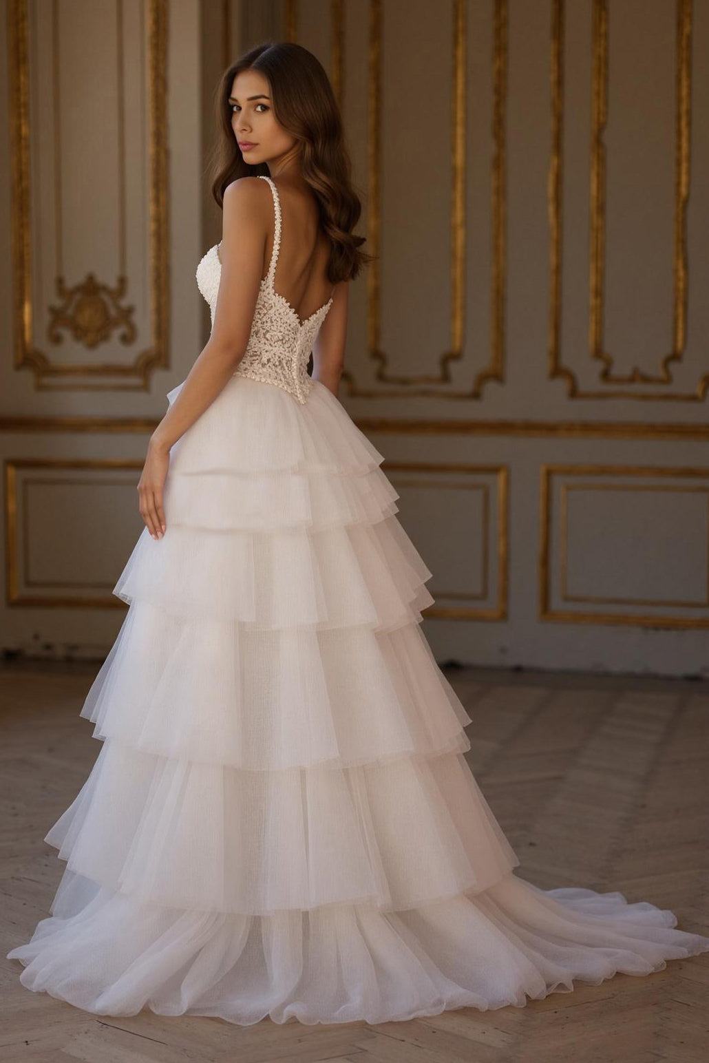 Ivory A Line Tiered Sweep Train Wedding Dress With Slit