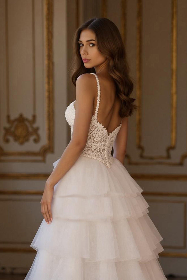 Ivory A Line Tiered Sweep Train Wedding Dress With Slit