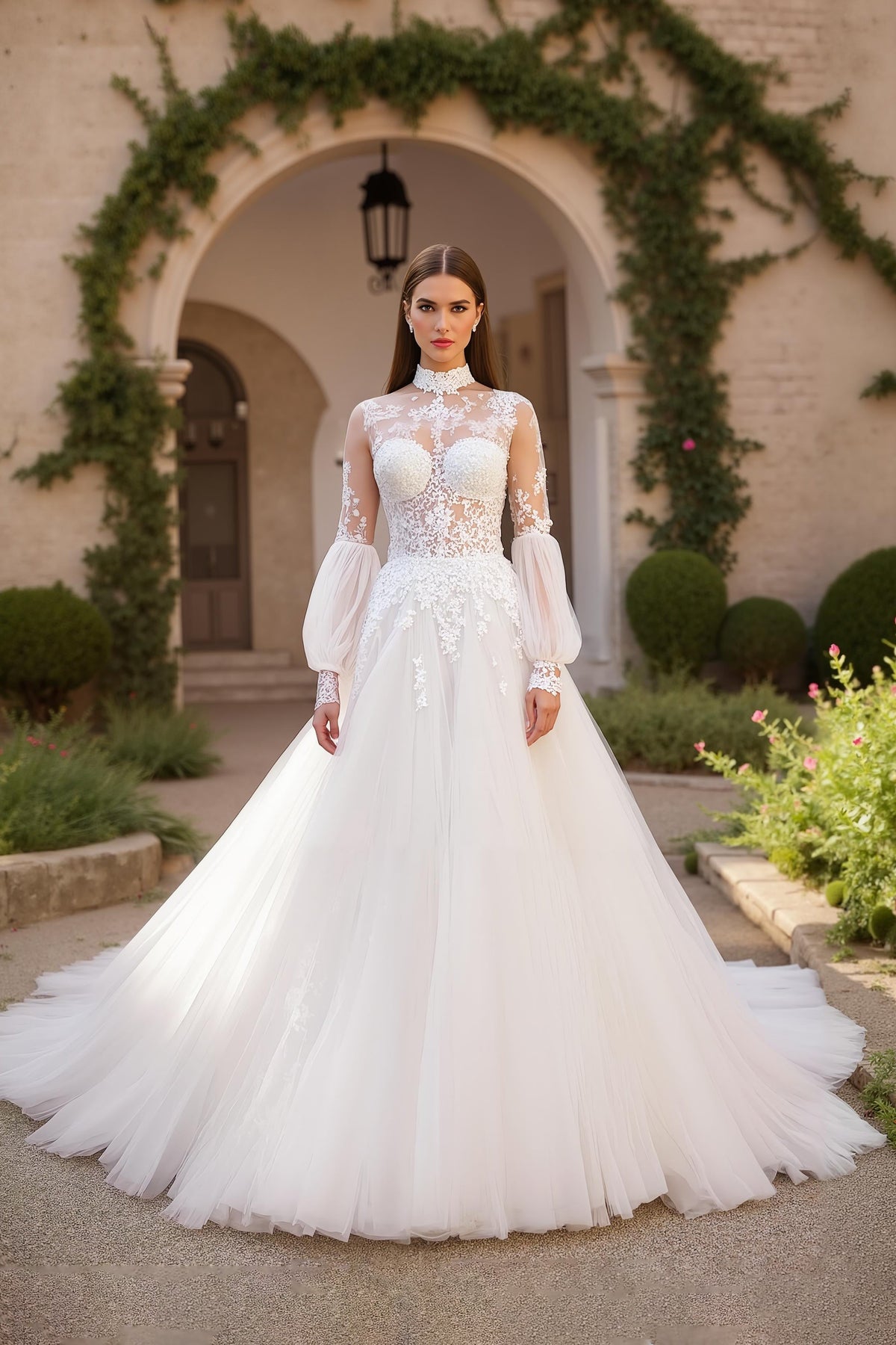 Ivory A Line Tulle High Neck Sweep Train Wedding Dress With Lace