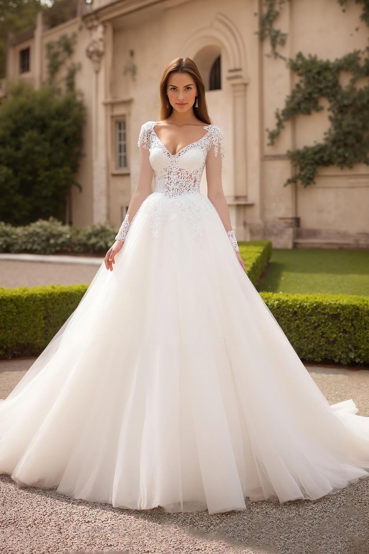 Ivory Tulle V-Neck Sweep Train Wedding Dress With Lace