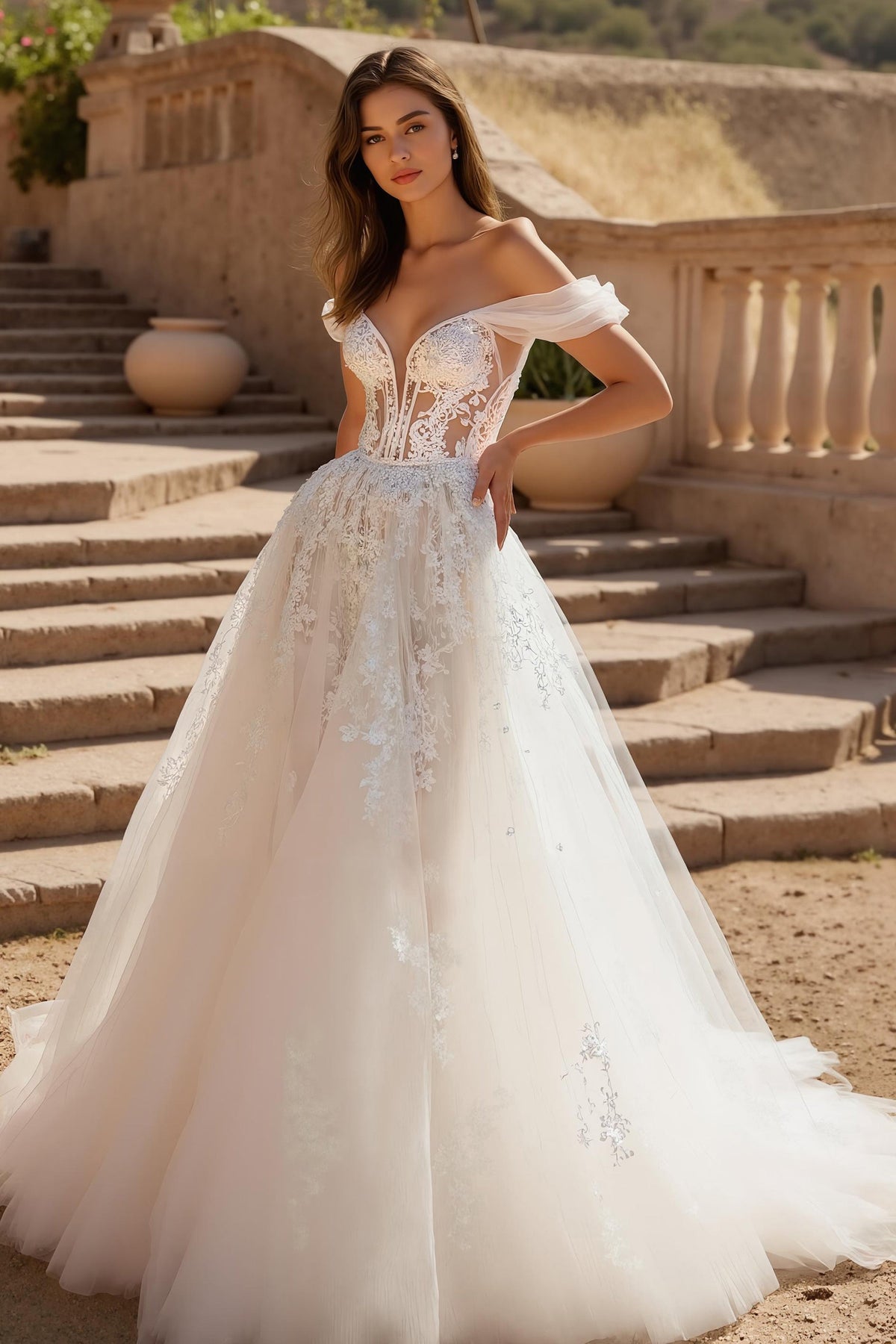 Robe de mariée trapèze ivoire à épaules dénudées en tulle, avec traîne courte et appliqués en dentelle
