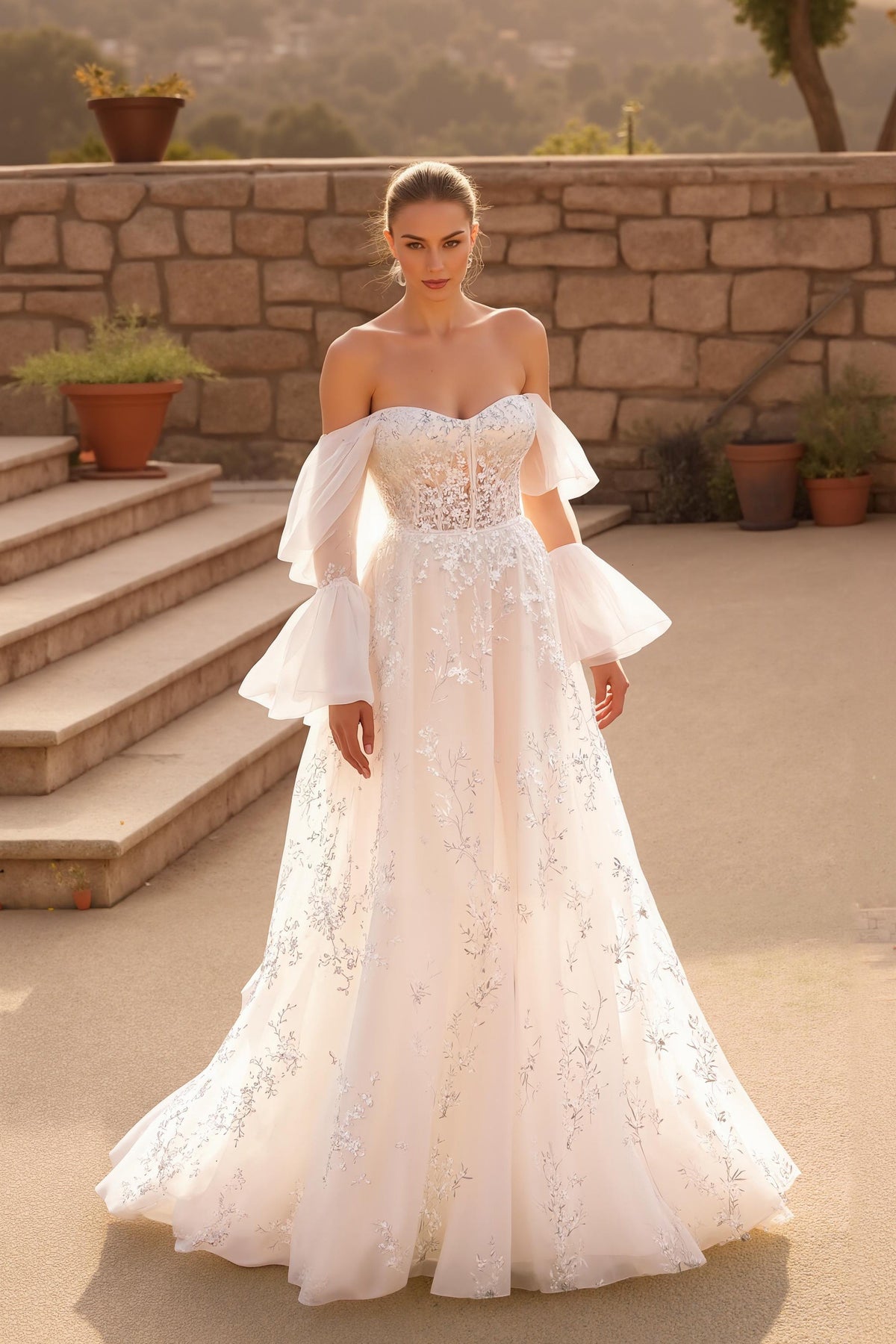 Ivory A-Line Off-the-Shoulder Flare Sleeve Chapel Train Wedding Dress with Lace Appliques