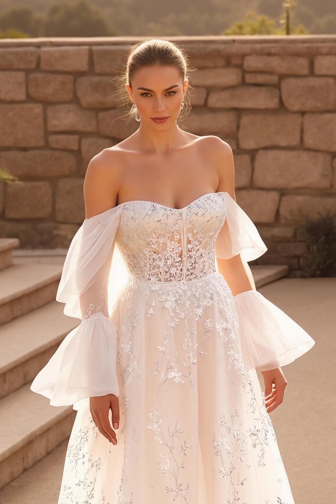 Ivory A-Line Off-the-Shoulder Flare Sleeve Chapel Train Wedding Dress with Lace Appliques